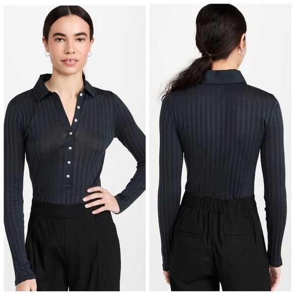 Vince Polo Ribbed Button Up Thong Bodysuit Black - Picture 1 of 9